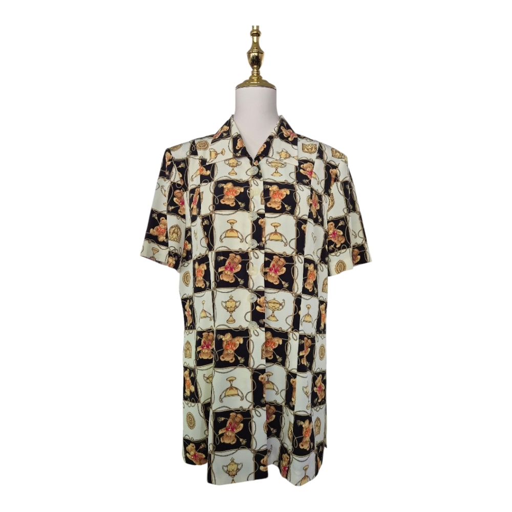 Kawan W High Fashion Women’s Baroque‎ Print Short Sleeve Button Shirt Size 42 L